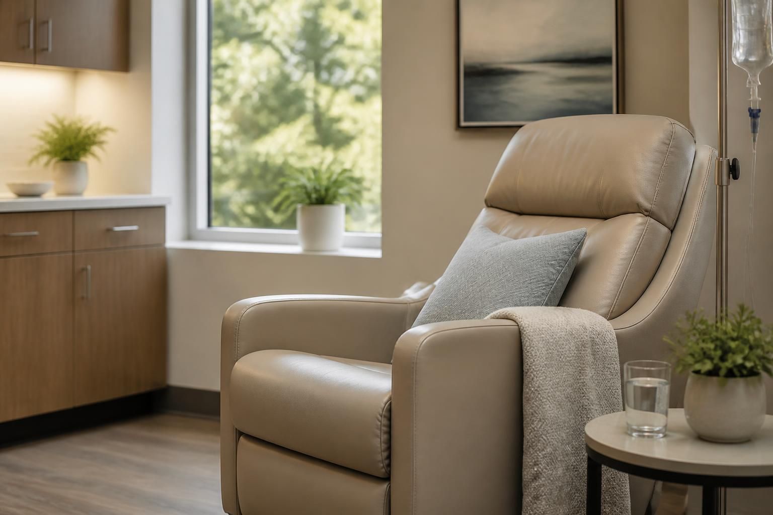 Calm arthritis treatment space with supportive seating and natural light