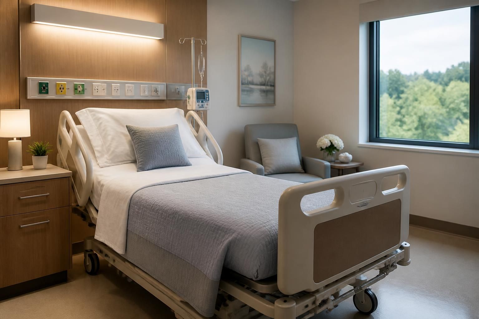Modern recovery room with clean bed and soft neutral finishes