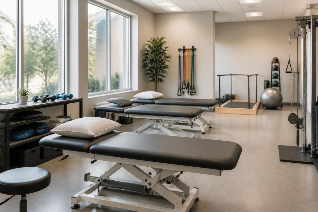 Modern physical therapy clinic with bright rehab room and treatment tables