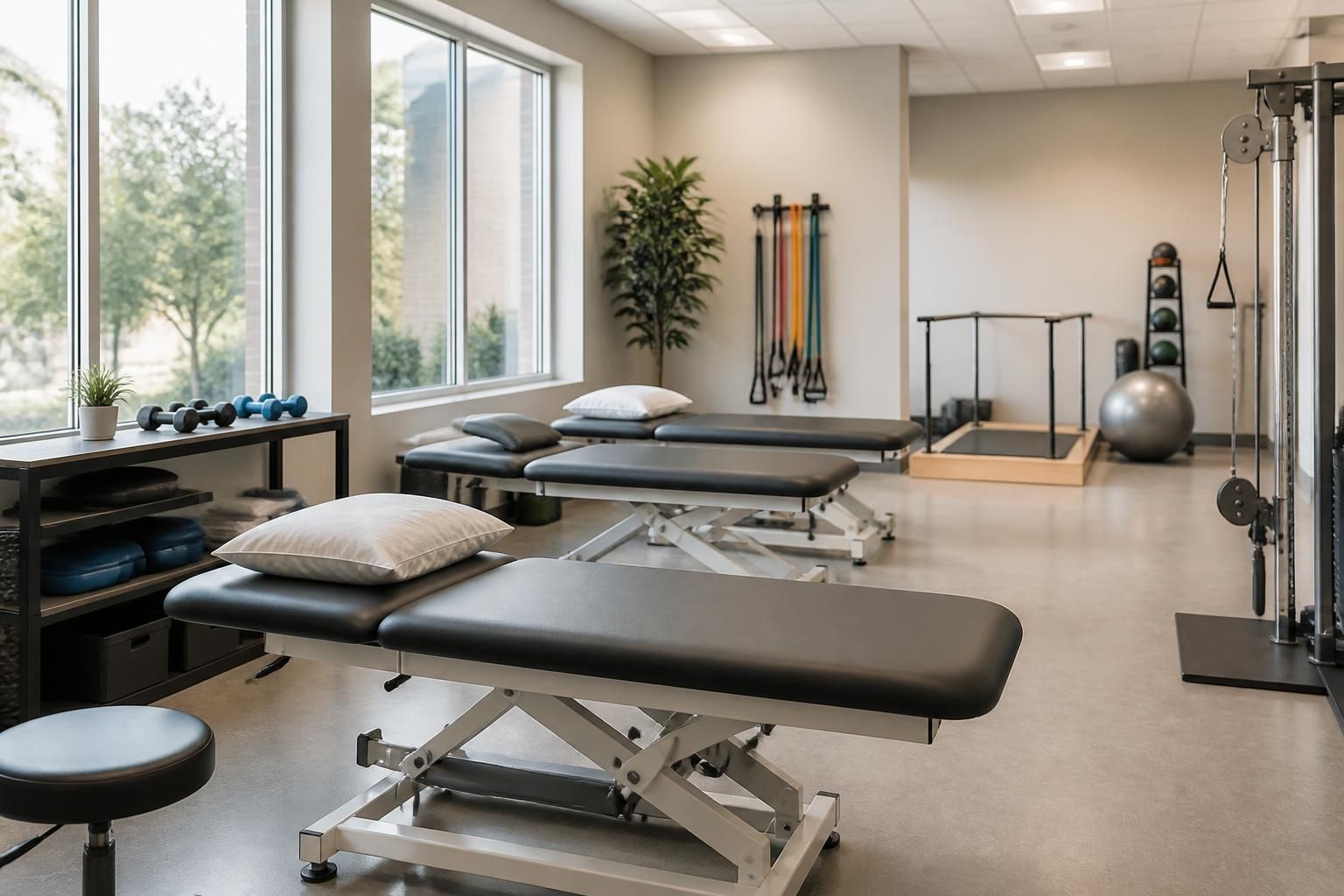 Modern physical therapy clinic with bright rehab room and treatment tables