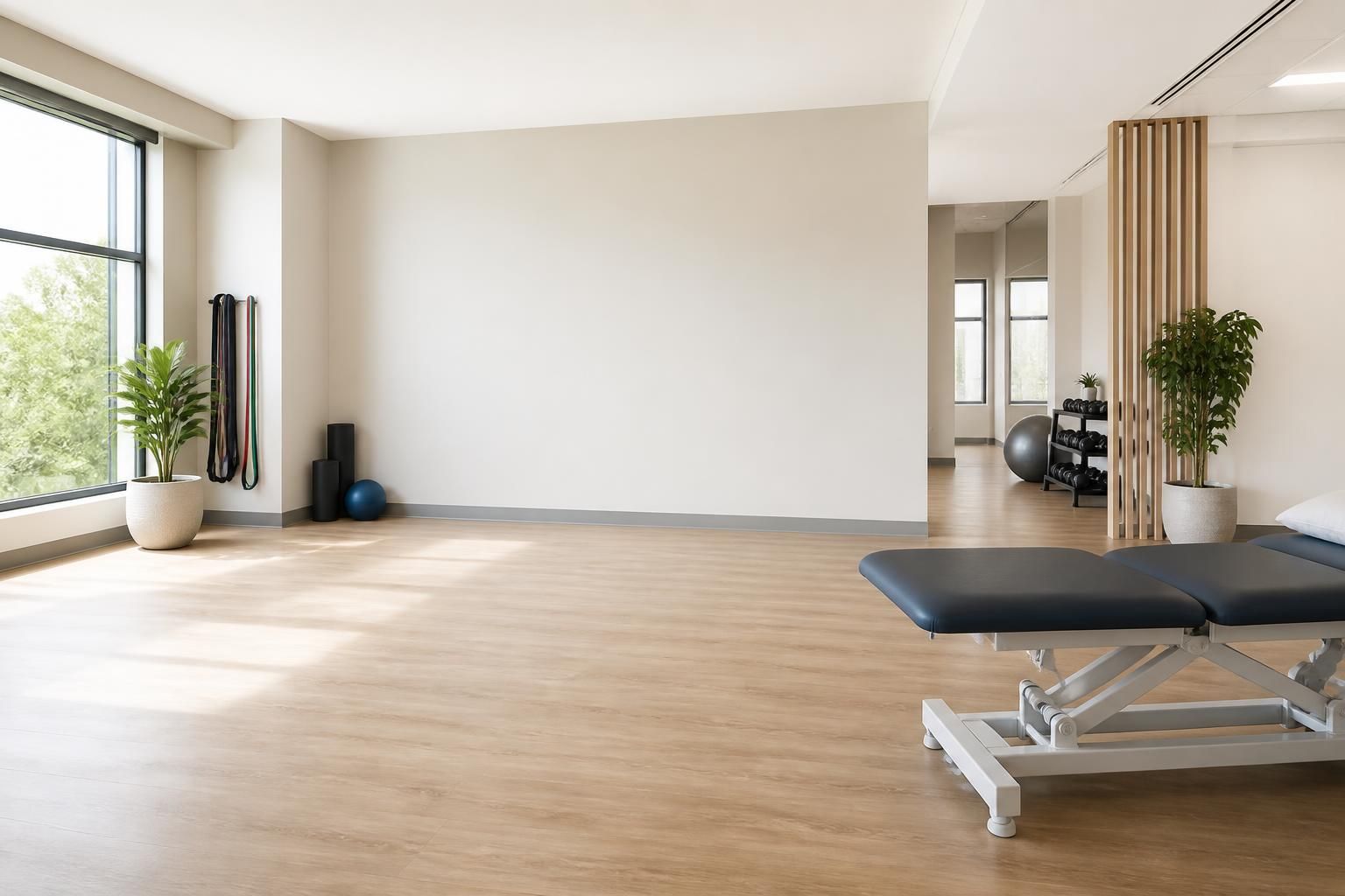 Bright physical therapy space with open room and calm natural light