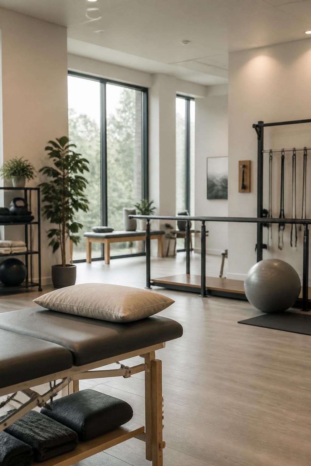 Inviting rehabilitation studio with clean equipment and calm lighting